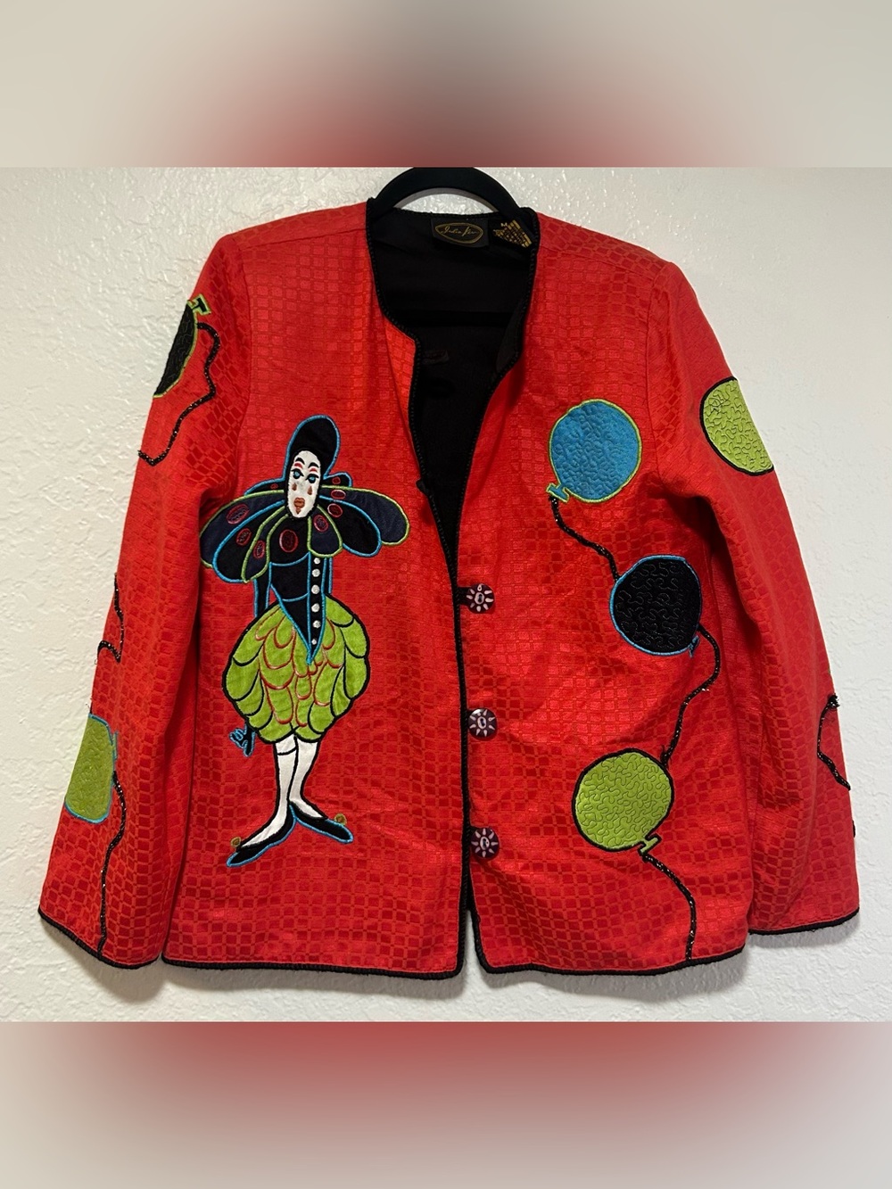 Julia Kim Women’s Red Quilted Sad Harlequin and Balloons Blazer